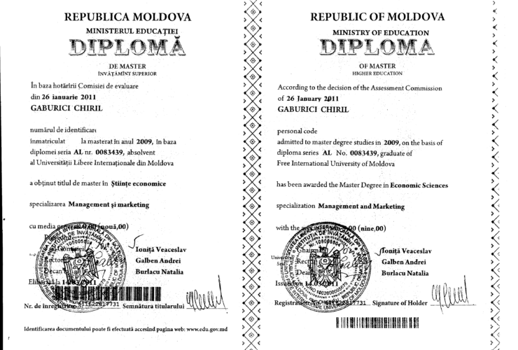 Diploma de master în științe economice a lui Chiril Gaburici