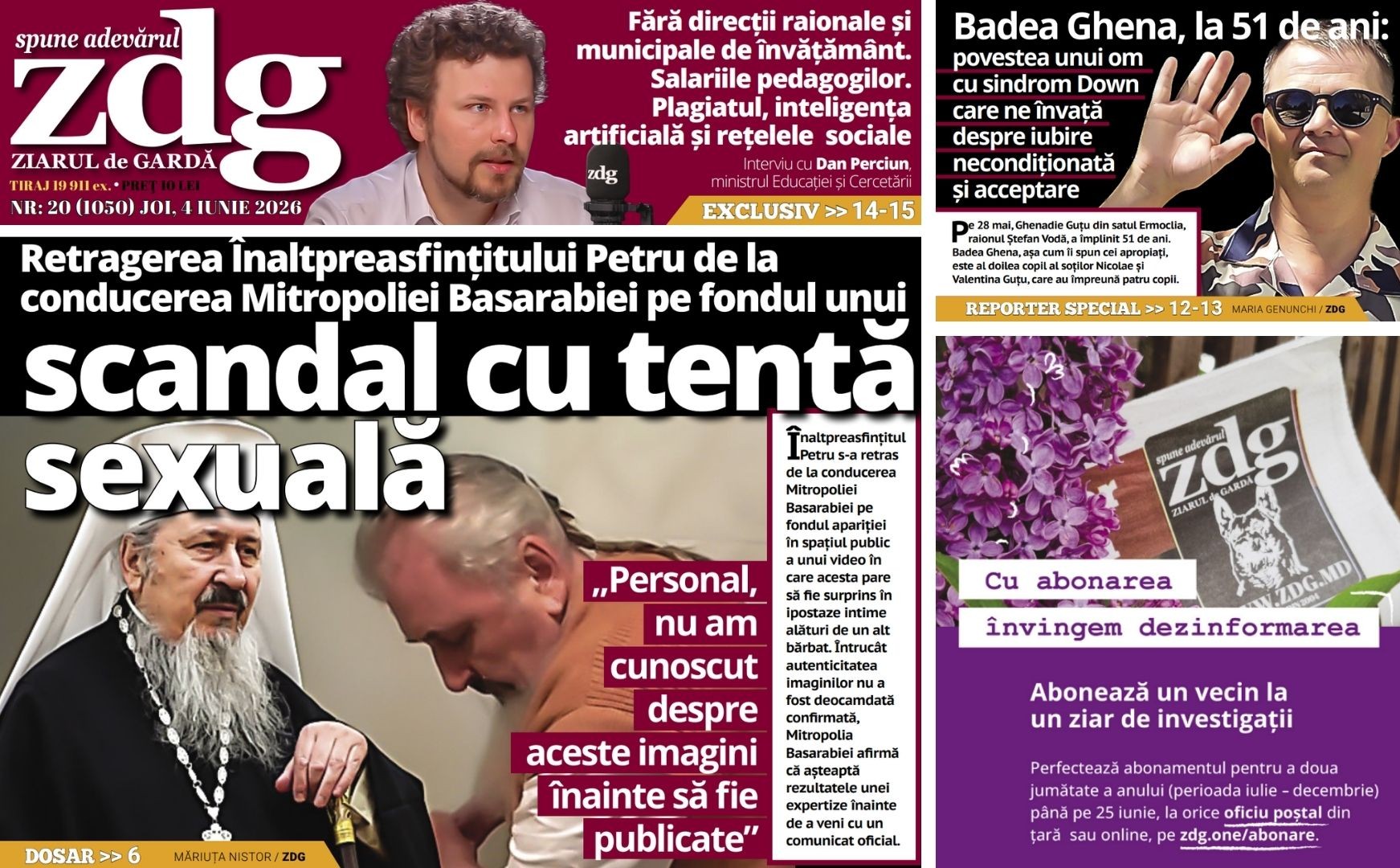 Citiți joi în ZdG: Retragerea Înaltpreasfințitului Petru de la conducerea Mitropoliei Basarabiei pe fondul unui scandal cu tentă sexuală și Povestea unui om cu sindrom Down care ne învață despre iubire necondiționată și acceptare