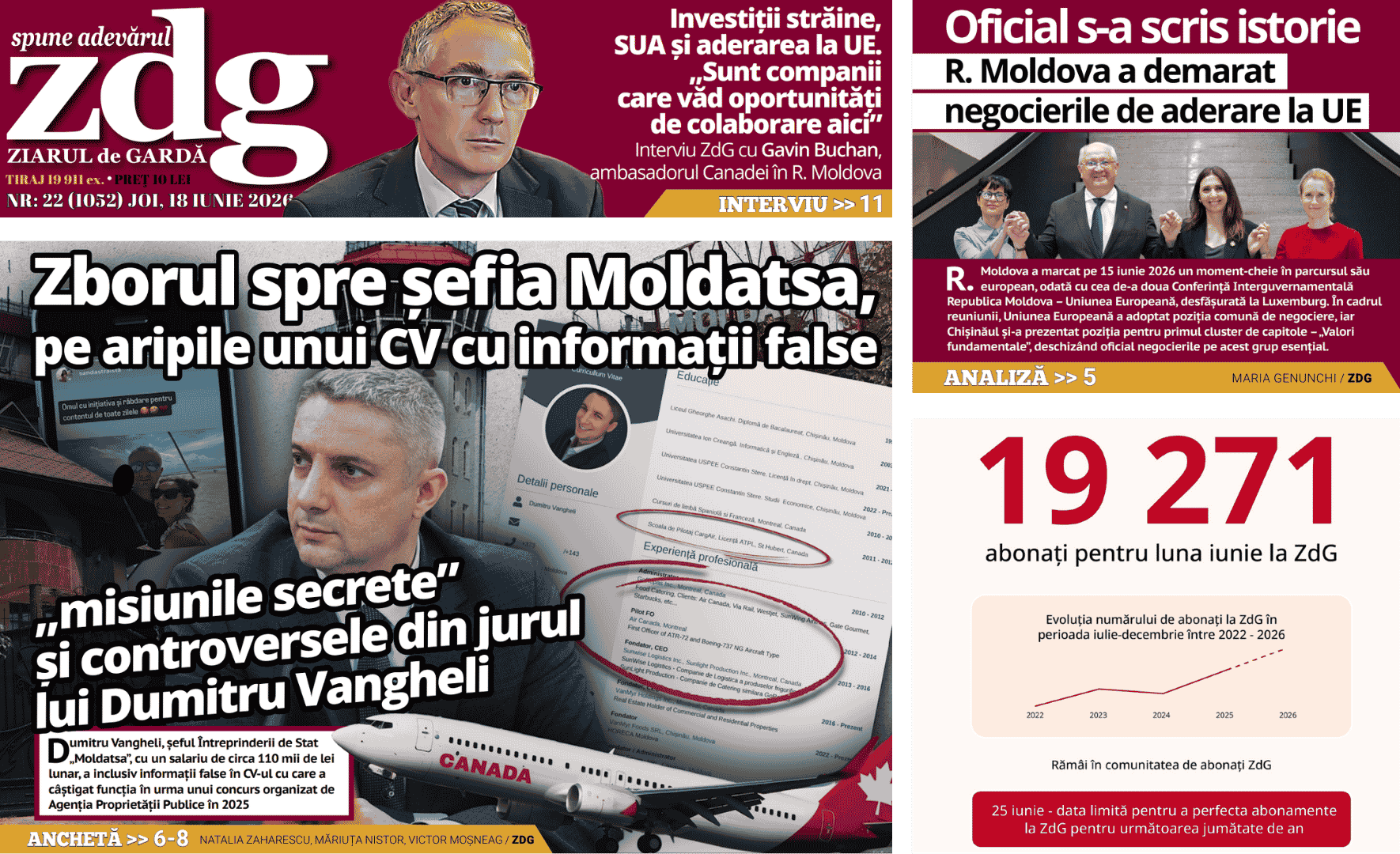 Citiți joi în ziar: Anchetă ZdG despre controversele din jurul șefului de la Moldatsa și Interviu cu Gavin Buchan, ambasadorul Canadei în R. Moldova