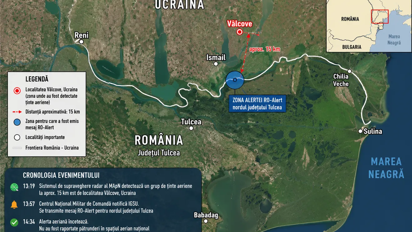 Alertă aeriană în nordul județului Tulcea după detectarea unor ținte aeriene în apropierea graniței cu Ucraina
